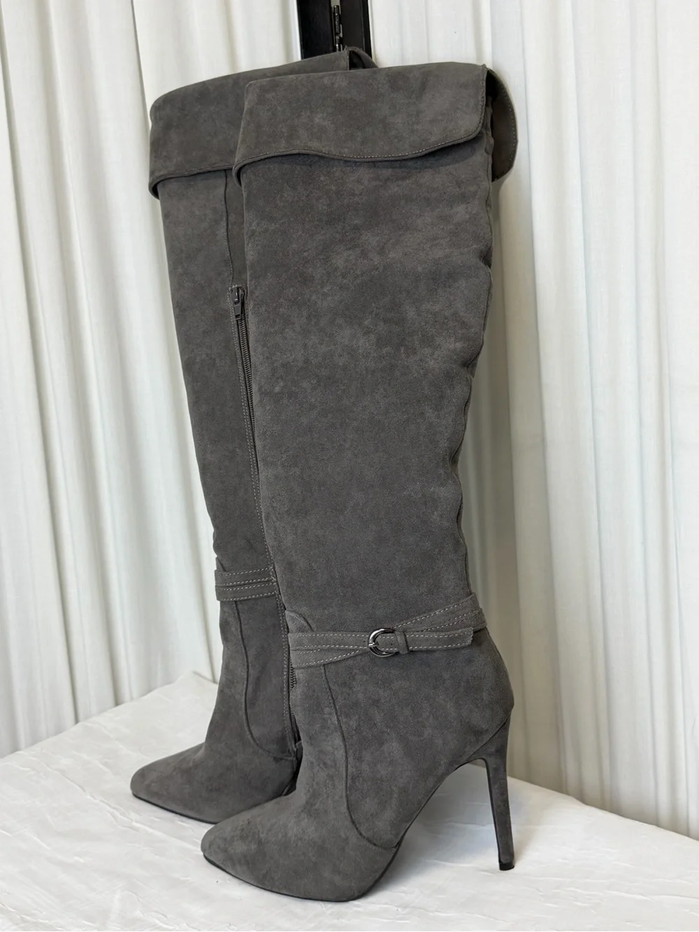 Lost Ink women’s knee high grey suede stiletto boots